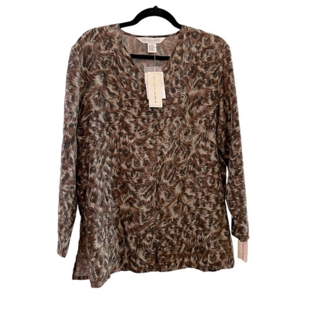 NWT Melrose Studio Petites 100% Silk Feathery Print Blouse Brown Taupe Black SP